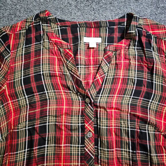 J Jill Top Shirt Womens Small Petite Red Plaid Long Sleeve V Neck Button Classic - Picture 2 of 9